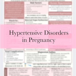May include: A medical reference chart titled "Hypertensive Disorders in Pregnancy" with various sections detailing risk factors, complications, and treatments. The chart is primarily white with red and pink accents, and includes detailed medical information.