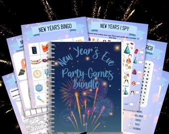 Może przedstawiać: Zestaw gier na imprezę sylwestrową. Okładka zestawu przedstawia fajerwerki i tekst "New Year's Eve Party Games Bundle". Zawiera siedem gier do wydrukowania z tekstem "pdf PRINTABLE DOWNLOAD".