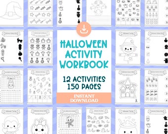 May include: A Halloween Activity Workbook with 12 activities and 150 pages. The cover features a download icon and the text "Halloween Activity Workbook". The pages include tracing, matching, and counting activities with Halloween-themed illustrations.