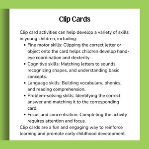 Puede incluir: Gr&aacute;fico verde y blanco con el t&iacute;tulo "Clip Cards". El texto describe c&oacute;mo las actividades de tarjetas de clip pueden ayudar a desarrollar habilidades en ni&ntilde;os peque&ntilde;os, incluyendo motricidad fina, cognici&oacute;n, lenguaje y resoluci&oacute;n de problemas.