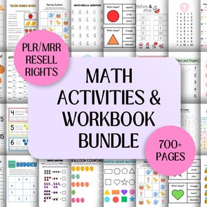 Pode incluir: Uma colagem de folhas de trabalho coloridas para crianças com atividades de matemática e um pacote de cadernos de exercícios. O texto "MATH ACTIVITIES & WORKBOOK BUNDLE" está em letras grandes e em negrito. O texto "700+ PAGES" está em um círculo rosa. O texto "PLR/MRR RESELL RIGHTS" está em um círculo roxo.