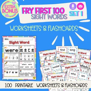 Conjunto 1 de planilhas e cartões de memória para impressão de 100 palavras para a primeira vista | Leitura para jardim de infância e primeira série | Recursos Montessori e para educação domiciliar