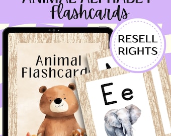 Tarjetas didácticas del alfabeto de animales: Aprendizaje imprimible para niños pequeños (derechos de reventa PLR, PDF y enlaces de edición de Canva)