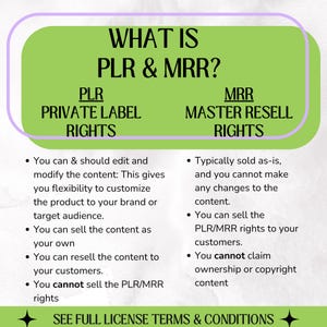 Puede incluir: Un gr&aacute;fico verde que explica PLR (Private Label Rights) y MRR (Master Resell Rights). El texto "WHAT IS PLR & MRR?" est&aacute; en la parte superior. El gr&aacute;fico detalla los derechos y restricciones de cada uno, con el texto "SEE FULL LICENSE TERMS & CONDITIONS" en la parte inferior.