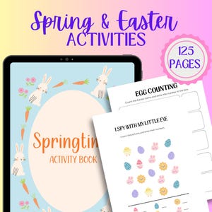 Puede incluir: Un libro digital de Actividades de Primavera y Pascua en una tableta. La portada presenta conejitos, zanahorias y el texto "Springtin Activity Book". El libro incluye 125 páginas de actividades, incluyendo "Egg Counting" e "I Spy With My Little Eye."