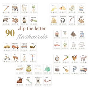 Puede incluir: Un conjunto de 90 tarjetas did&aacute;cticas con ilustraciones en acuarela de varios objetos y animales, incluyendo un pincel, un leopardo y un pl&aacute;tano. Tambi&eacute;n se ve el texto "clip the letter flashcards".