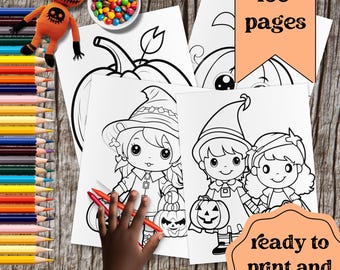 100 Dibujos de Halloween para Colorear para Niños, Diseños Espeluznantes (Descarga Digital)