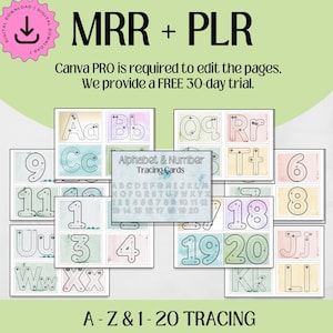 Tarjetas didácticas para trazar números y letras, hoja de trabajo imprimible, con derechos de reventa PLR, educación en el hogar, actividad de aprendizaje, escritura, MRR DFY