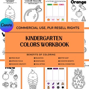 Op de afbeelding: Een kleurenwerkboek voor de kleuterschool met verschillende kleurplaten. De pagina's bevatten contouren van fruit, groenten en andere objecten om in te kleuren. Het werkboek bevat de tekst "Kindergarten Colors Workbook" en "Commercial Use, PLR Resell Rights".