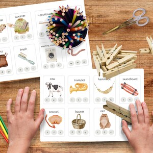 Puede incluir: Tarjetas educativas con ilustraciones en acuarela de varios objetos, incluyendo una oruga, botas y una vaca. Tambi&eacute;n hay una colecci&oacute;n de l&aacute;pices de colores, tijeras y pinzas para la ropa sobre una superficie de madera.