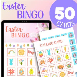 イースタービンゴ: 子供、教室、ホームスクール、家族向けの春の楽しいアクティビティのための印刷可能なカード 50 枚