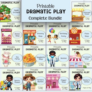 Könnte beinhalten: Ein druckbares Rollenspiel-Aktivitätsset mit 12 verschiedenen Themen, darunter ein Apfelgarten, ein Donut-Laden, ein Lebensmittelgeschäft, eine Geburtstagsparty, ein Pizzaladen, eine Teeparty, ein Spaghetti-Laden, ein Zahnarzt, ein Eisladen, ein Sporttrainer, ein Bauernmarkt, ein Blumenladen und ein Arztpraxis. Jedes Thema enthält mehrere Spielseiten.