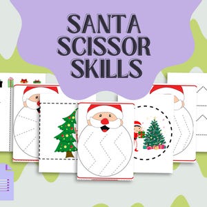Puede incluir: Una colección de hojas de trabajo imprimibles con temática navideña para habilidades con tijeras. Las hojas de trabajo presentan a Papá Noel, árboles de Navidad y elfos, con líneas punteadas para practicar el corte. El texto "SANTA SCISSOR SKILLS" se muestra en la parte superior.