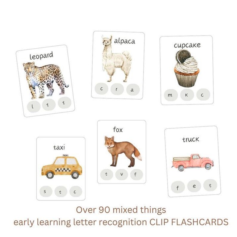 Puede incluir: Juego de seis tarjetas did&aacute;cticas para el aprendizaje temprano. Cada tarjeta presenta una ilustraci&oacute;n en acuarela de un animal u objeto, como un leopardo, una alpaca, una magdalena, un taxi, un zorro y un cami&oacute;n.