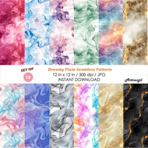 May include: Set of 12 digital seamless patterns featuring dreamy, abstract, colorful smoke designs. Each pattern is 12 inches by 12 inches and 300 dpi. Instant download.