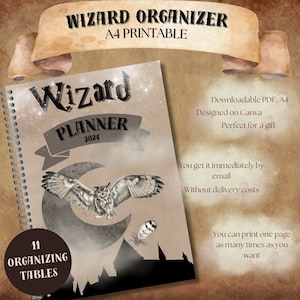 Könnte beinhalten: Ein spiralgebundener 2024 Wizard Planner als A4-Druckvorlage. Das Cover zeigt einen braunen Pergamenthintergrund, eine fliegende Eule, einen Halbmond und die Silhouette einer Burg. Der Text umfasst WIZARD ORGANIZER, WIZARD PLANNER 2024 und 11 ORGANIZING TABLES.