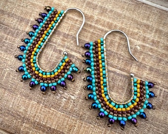 Mini Turquoise Beaded Oval Open Hoop Earrings