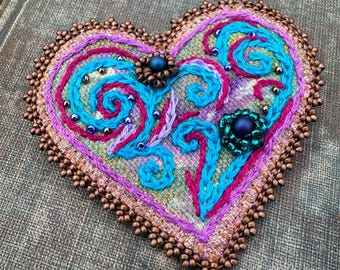 Embroidered Heart  Brooch with Beaded Flowers, Textile Art Jewelry