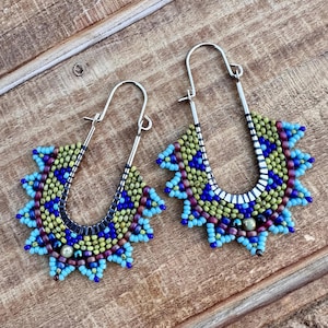 Blue and Olive Green Geometric Beaded  Hoop Earrings