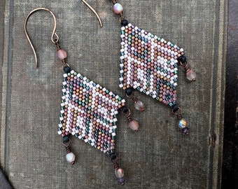 Gold and Pink Geometric Beaded Earrings with Dangling Faceted Beads