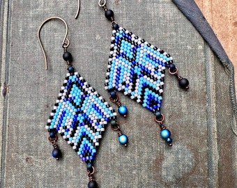 Blue and White Geometric Beaded Earrings with Dangling Iridescent Blue Beads