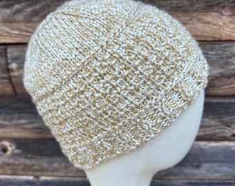 Light Brown Heather Textured Knit Acrylic Hat with Cables