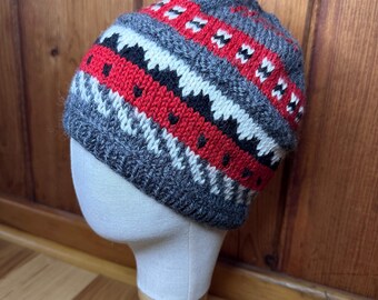 Geometric Knit Slouchy Beanie: Gray, Black, Red, and White Wool Hat
