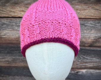 Pink Stripes and Arrows Knit Acrylic Hat with Cables and Burgundy Trim