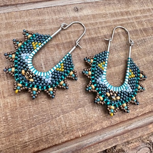Teal and Gold Geometric Beaded  Hoop Earrings