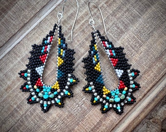 Black, Red and White Geometric Beaded Earrings with Sterling Silver Ear Wires