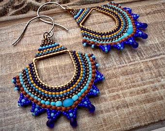 Cobalt Blue Beaded Earrings: Miyuki Seed Beads, Sea Glass Accent