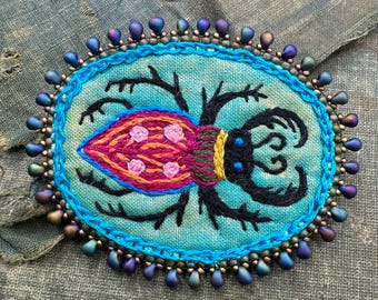 Embroidered Stag Beetle Pin, Fiber Art Brooch