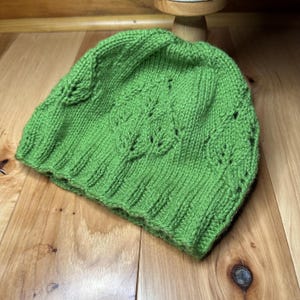 Sage Green Knit Beanie Hat with Leaf Lace Motif