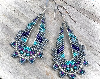 Blue, Pink and Gray Pastel Geometric Beaded Earrings with Sterling Silver Ear Wires.