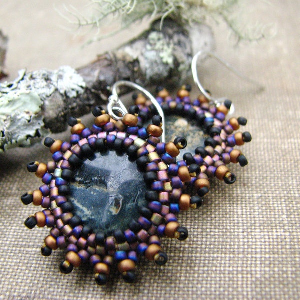 Jasper Earrings, Gold and Purple Beaded Bezel, Sterling Silver Ear Wires