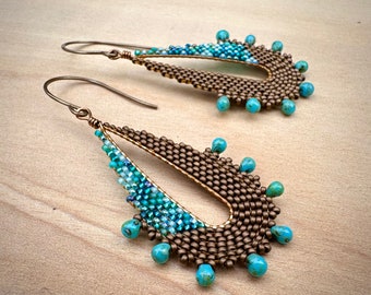 Asymmetrical Matte Gold and Blue Beaded Earrings