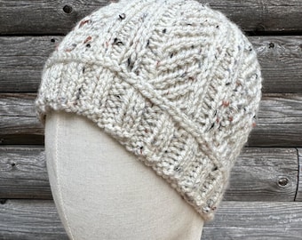 Unisex White Heather Beanie, Textured Fisherman Knit