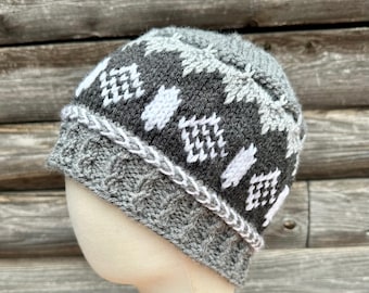 Geometric Hats in Grays and Whites made with Soft Acrylic Yarn