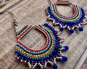 Silver and Blue Beaded Earrings: Miyuki Seed Beads, Sea Glass Bead Accent