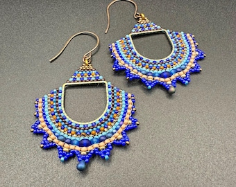 Cobalt Blue and Gold Beaded Earrings, Ancient Egyptian Inspired