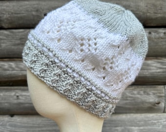 Pale Gray and White Beanie Hat with Lace Accents made with Soft Acrylic Yarn