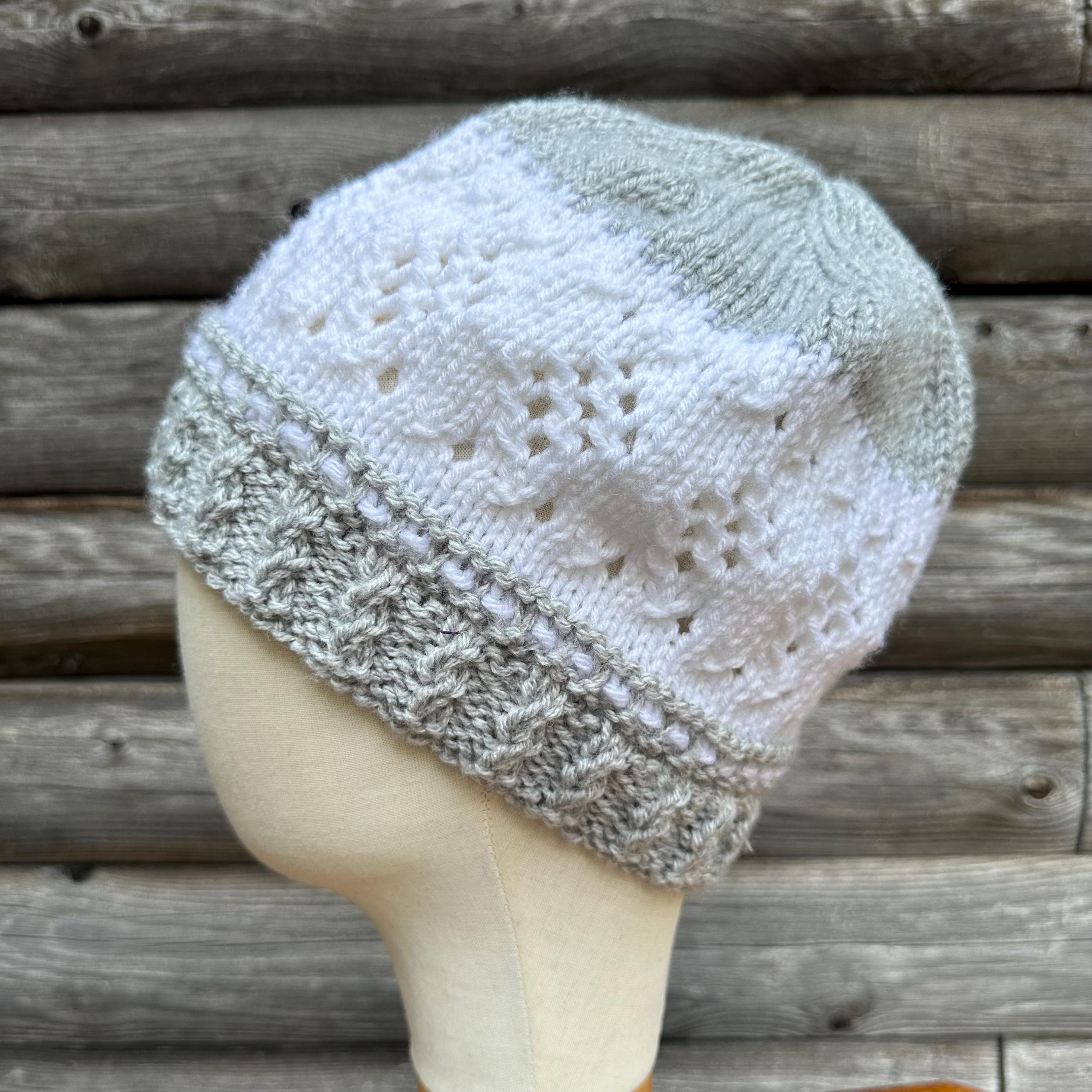 Pale Gray and White Beanie Hat With Lace Accents Made With  display picture 3