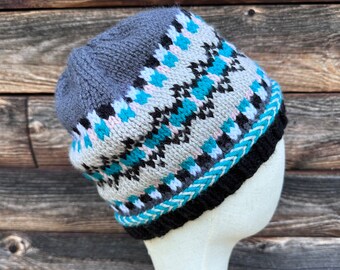 Knitted Slouchy Beanie: Geometric Gray Teal Acrylic Hat