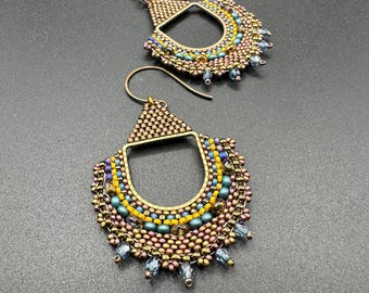 Blue and Gold Beaded Earrings with Crystals