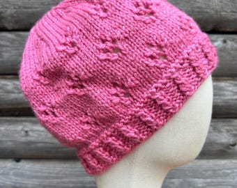 Rose Pink Beanie Hat with Lace Accents made with Soft Acrylic Yarn