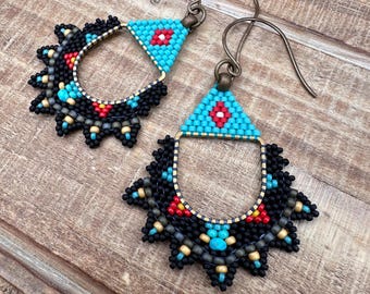 Turquoise and Black Geometric Beaded Earrings with Antique Brass Ear Wires