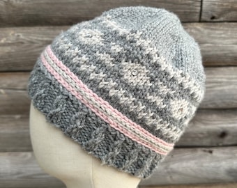 Gray Fair Isle Beanie with Embroidered Stripes and Rhinestones