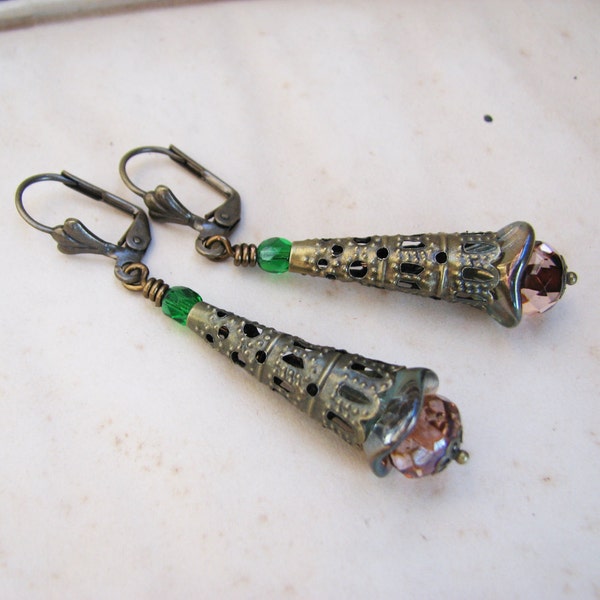 Victorian Crystal Earrings with Brass Filigree with Green Glass Beads