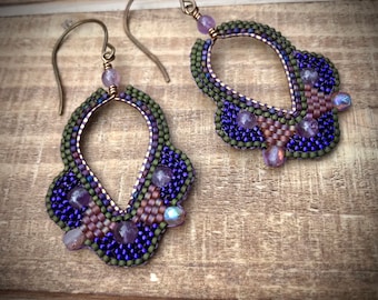 Amethyst and Olive Green Trefoil Earrings