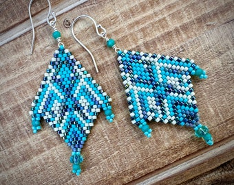 Black, White and Teal Blue Geometric Beaded Earrings with Sterling Silver Ear Wires.